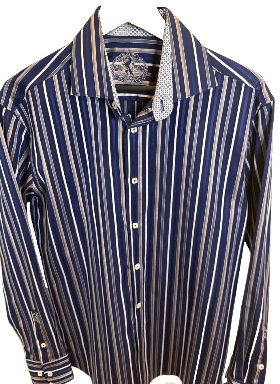 Bugatchi Uomo Shirt Mens SIZE Shaped Fit Blue Stripe Flip Cuff Embroidered